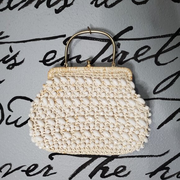 Vintage 1950’s Mid-Century Ivory Italian Beaded Handbag w/ Metal Handle - Picture 6 of 9